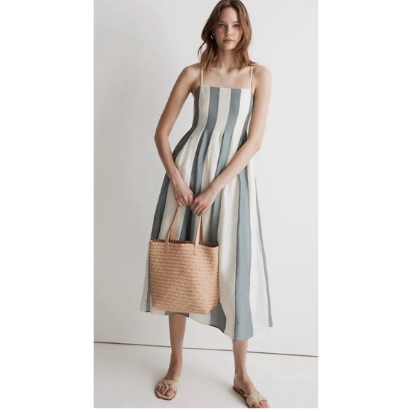 Madewell $148 Pleated Midi Dress in Overcast Stripe Size 4 NL117- snug size 4 - Picture 1 of 6